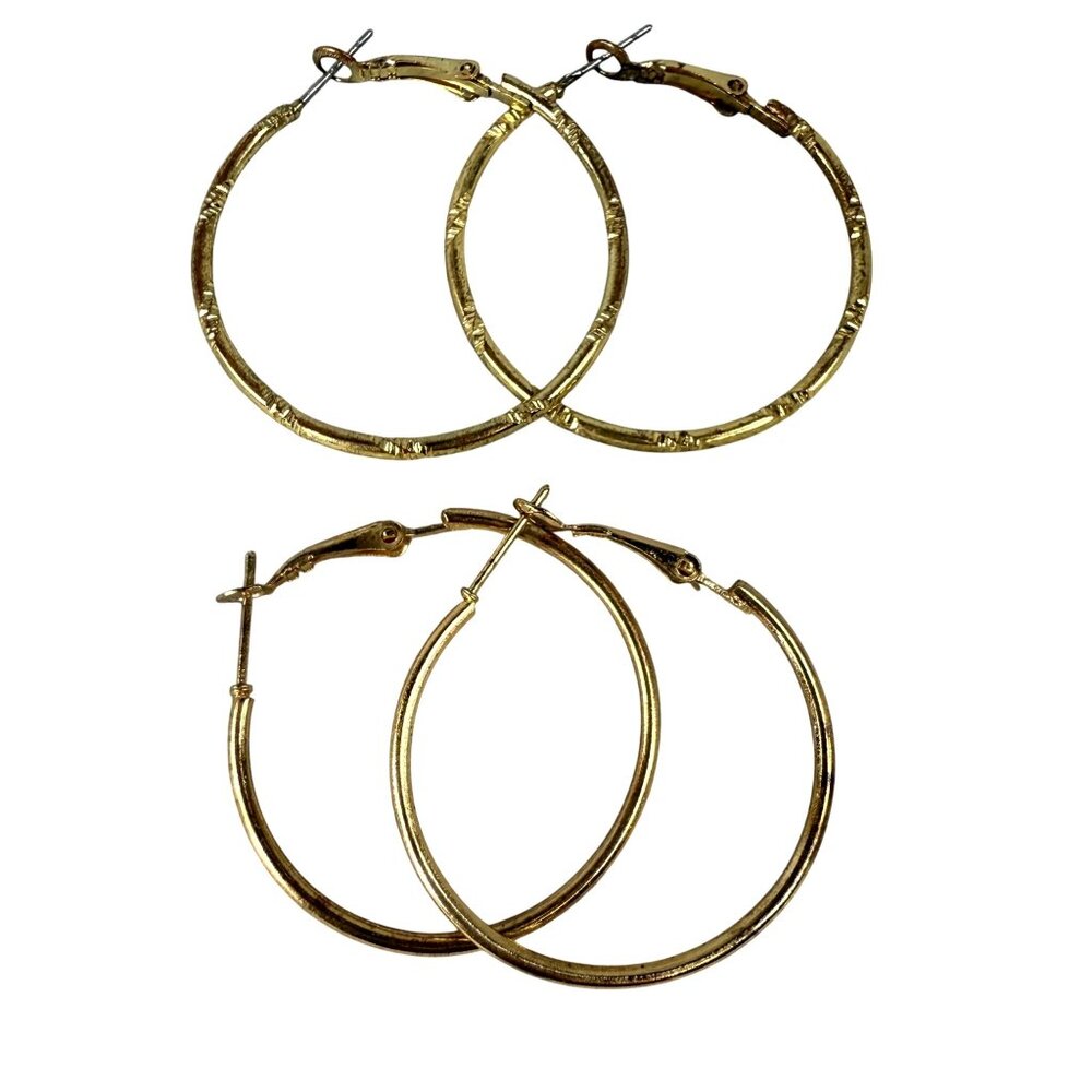 Gold-Toned Pierced Hoop Earrings 2 Pairs Bamboo & Plain Design Lightweight